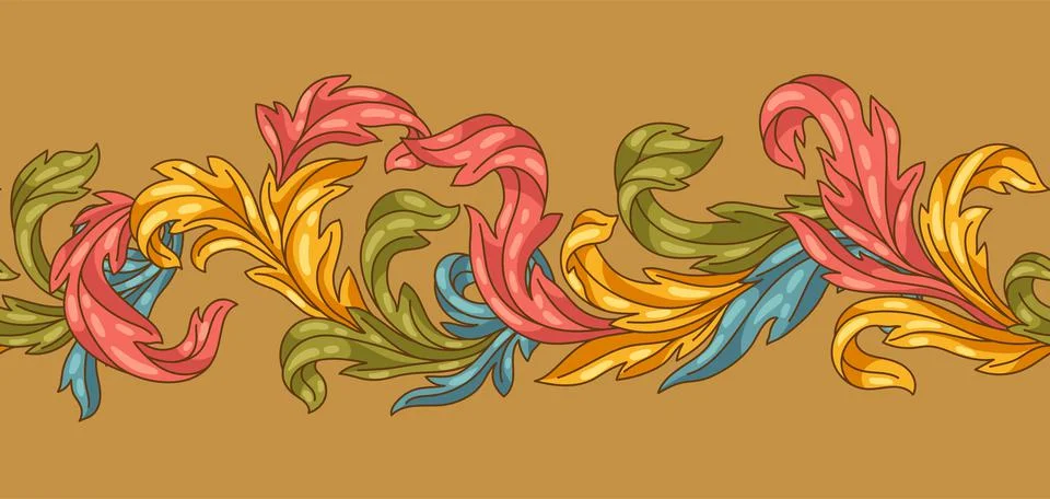 Decorative floral seamless pattern in baroque style. Colorful curling plant. Stock Illustration