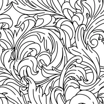 Decorative floral seamless pattern in baroque style. Engraved black curling Stock Illustration