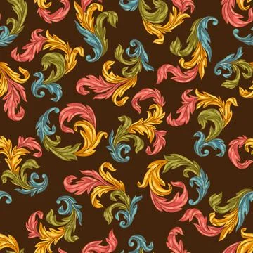 Decorative floral seamless pattern in baroque style. Colorful curling plant. Stock Illustration