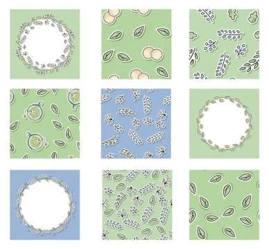 Decorative floral set of seamless patterns with leaves and branches. Cartoon Stock Illustration
