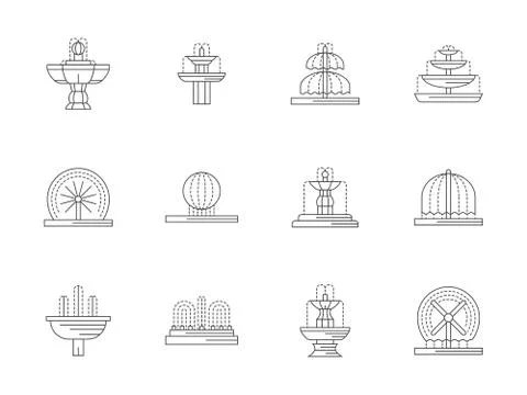 Decorative fountains flat line vector icons set Stock Illustration