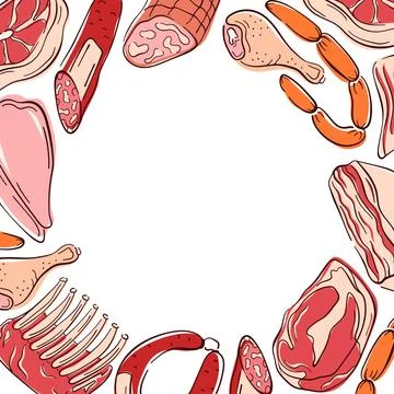 Decorative frame of assorted meat cut, sausage, ham, ribs, bacon and chicken Illustrazione stock