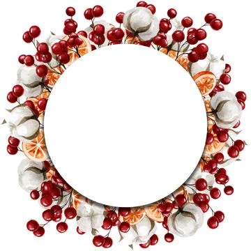 Decorative frame with berries, oranges and cotton, for decoration and photo d Stock Illustration