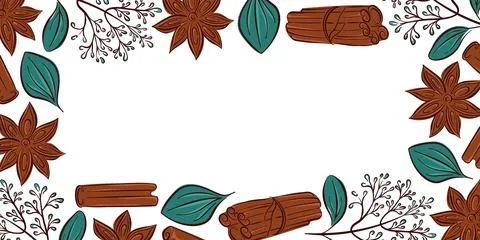 Decorative frame with cinnamon stick, star anise, leaves and twig in flat style Stock Illustration
