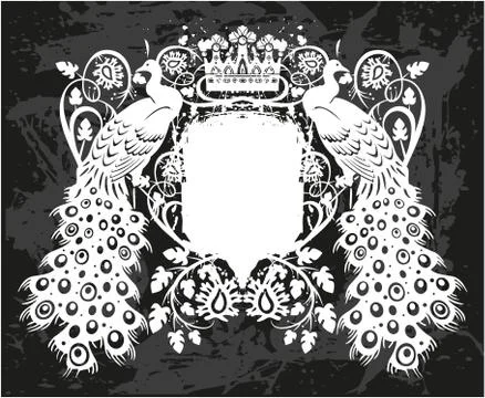 Decorative frame with crown and peacock Stock Illustration