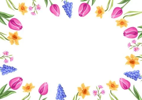 Decorative frame with flowers. Spring muscari, tulip and narcissus. イラスト素材