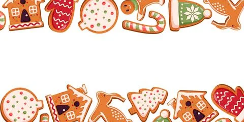 Decorative frame of gingerbread cookie shaped of house, mitten, reindeer, tree Stock Illustration