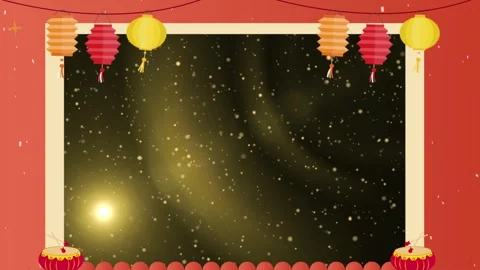 Decorative Frame with Hanging Paper Lanterns and Golden Particles on a Red Видео 338370622