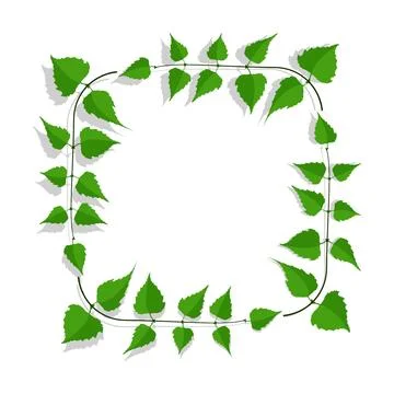 Decorative frame made of thin birch twigs and green leaves. Floral ornament.. Illustrazione stock