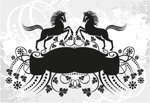 Decorative frame with pattern and horses Stock Illustration