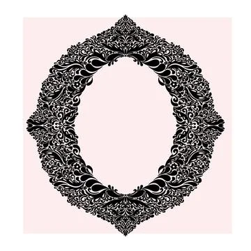 A decorative frame with a rich floral pattern. The monochrome silhouette in d 스톡 일러스트