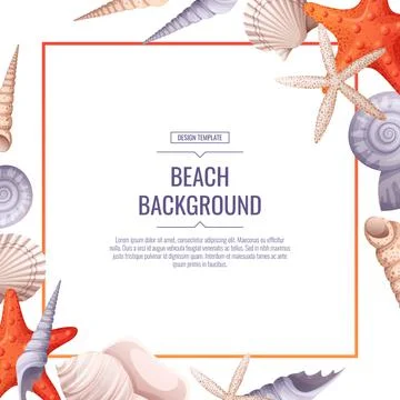 Decorative frame with shells, starfish isolated on white. Square wreath with  Stock Illustration