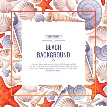 Decorative frame with shells, starfish isolated on white. Square wreath with  Stock Illustration