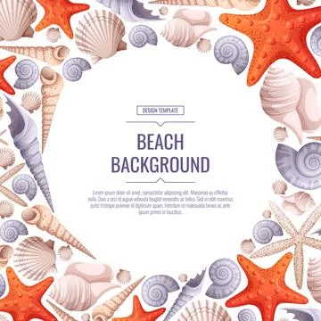 Decorative frame with shells, starfish isolated on white. Square wreath with  Illustrazione stock