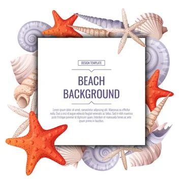 Decorative frame with shells, starfish isolated on white. Square wreath with  Stock Illustration