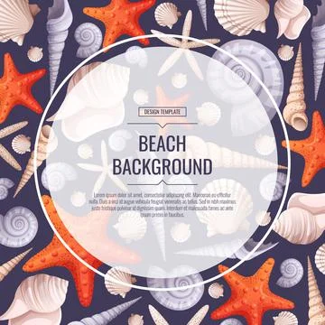 Decorative frame with shells, starfish isolated on white. Square wreath with  Stock Illustration