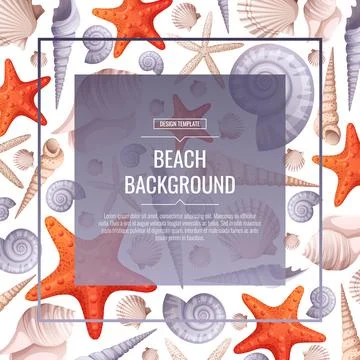 Decorative frame with shells, starfish isolated on white. Square wreath with  Stock Illustration