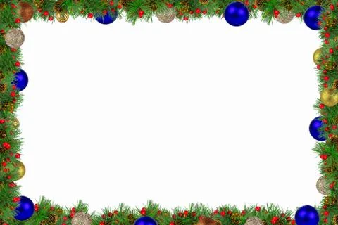 Decorative frame of spruce branches and colorful New Year's decoration around Stock Photos