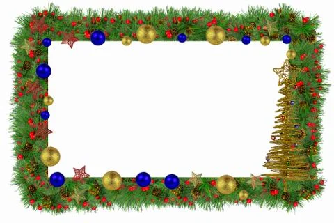 Decorative frame of spruce branches and colorful New Year's decoration around Stock Photos