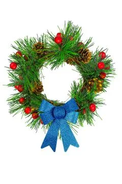 Decorative frame of spruce branches and colorful New Year's decoration around Stock Photos