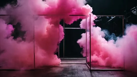 Decorative frame structures with pink smoke spreading on the wooden floor. Stock Footage 273954632