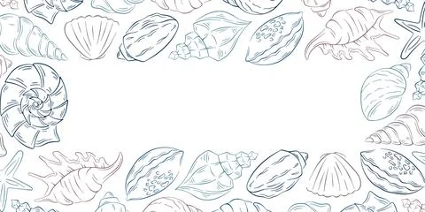 Decorative frame with various seashell in line art style. Marine themed border Stock Illustration