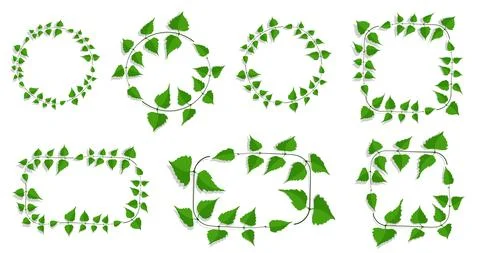 Decorative frames made of thin birch twigs and green leaves. Round, square Stock Illustration