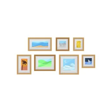 Decorative frames with photos on wall, interior design element vector Stock Illustration