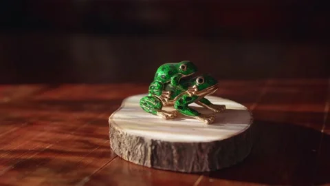 Decorative frogs on a wooden presentation base illuminated by a projector Stock Footage 153517451