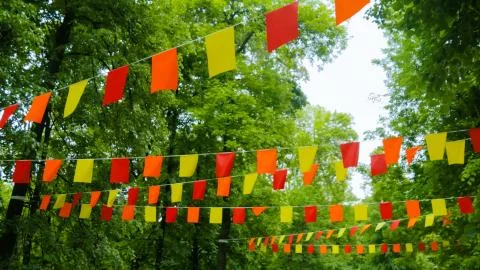 Decorative garlands of colorful rectangular flags 写真素材