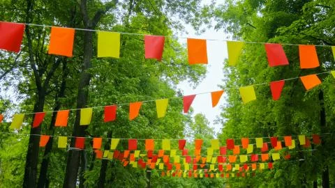 Decorative garlands of colorful rectangular flags 스톡 사진
