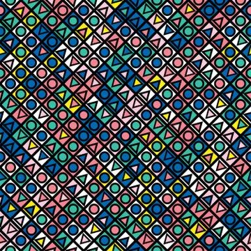 Decorative geometric shapes tiling. Multicolor irregular pattern.  Abstrac Illustrazione stock