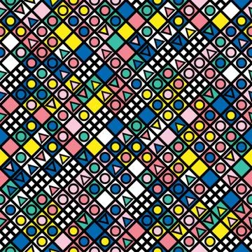 Decorative geometric shapes tiling. Multicolor irregular pattern.  Abstract c Stock Illustration