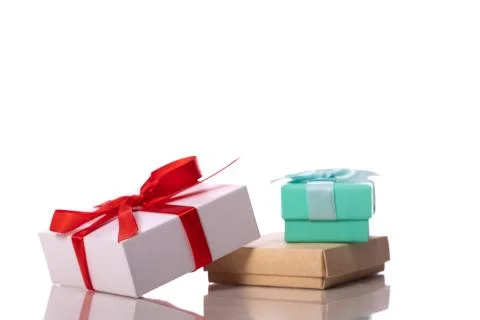 Decorative gift boxes isolated on white background. Presents, surprises, prizes Stock Photos