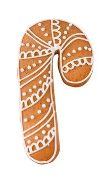 Decorative Gingerbread Candy Cane decorated with white sugar glaze isolated o 스톡 사진