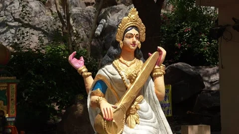 Decorative Goddess Saraswati Statue Displayed During Hindu Religious Festival Stock Footage 339724356