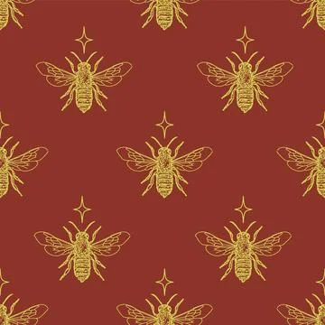 Decorative gold red pattern with monochrome honey bee and star イラスト素材
