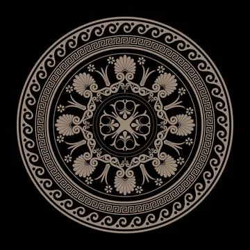 Decorative gold round frame for design with Greek key, meander. Circle frame.  Stock Illustration