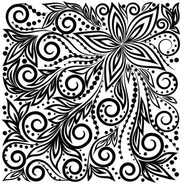 Decorative graphic curly background with flowers and leaves black-and-white p Stock Illustration