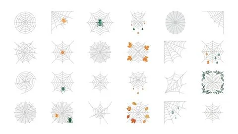 Decorative gray spiderwebs with subtle color accents, autumn leaves, and ra.. Stock Illustration