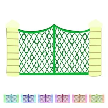 Decorative green ornate gate with brick pillars graphic Stock Illustration