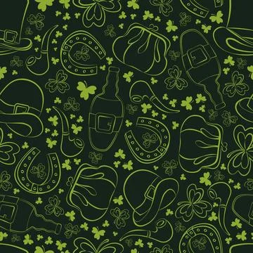 Decorative green patterns with traditional st. Patrick hand drawing dark Stock Illustration