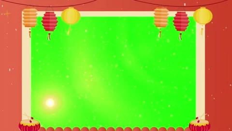 Decorative Green Screen Frame with Hanging Paper Lanterns on Red Background for Video stock 338370625