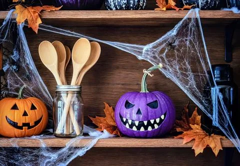 Decorative Halloween shelf display featuring pumpkins, wooden spoons, and c.. Stock Photos