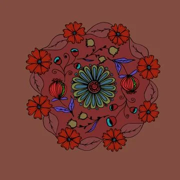 Decorative hand drawn mandala with different flowers, anti stress therapy Stock Illustration