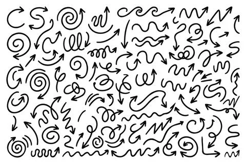 Decorative hand drawn wavy arrows set line art vector illustration Stock Illustration