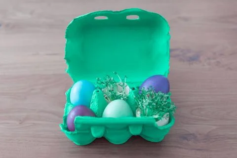 Decorative handmade easter egg present box with eggs and cress. Beautiful dec Stock Photos