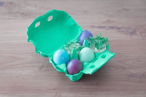 Decorative handmade easter egg present box with eggs and cress. Beautiful dec Stock Photos