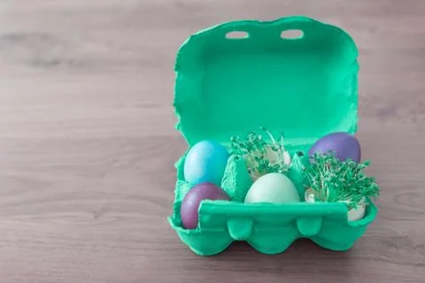Decorative handmade easter egg present box with eggs and cress. Beautiful dec Stock Photos