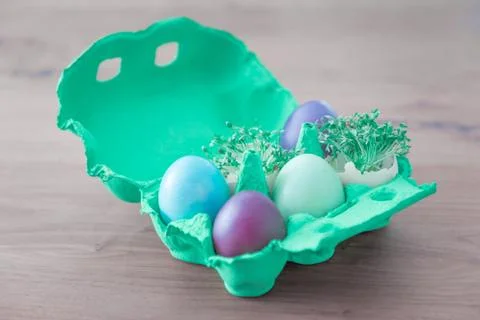 Decorative handmade easter egg present box with eggs and cress. Beautiful dec Stock Photos